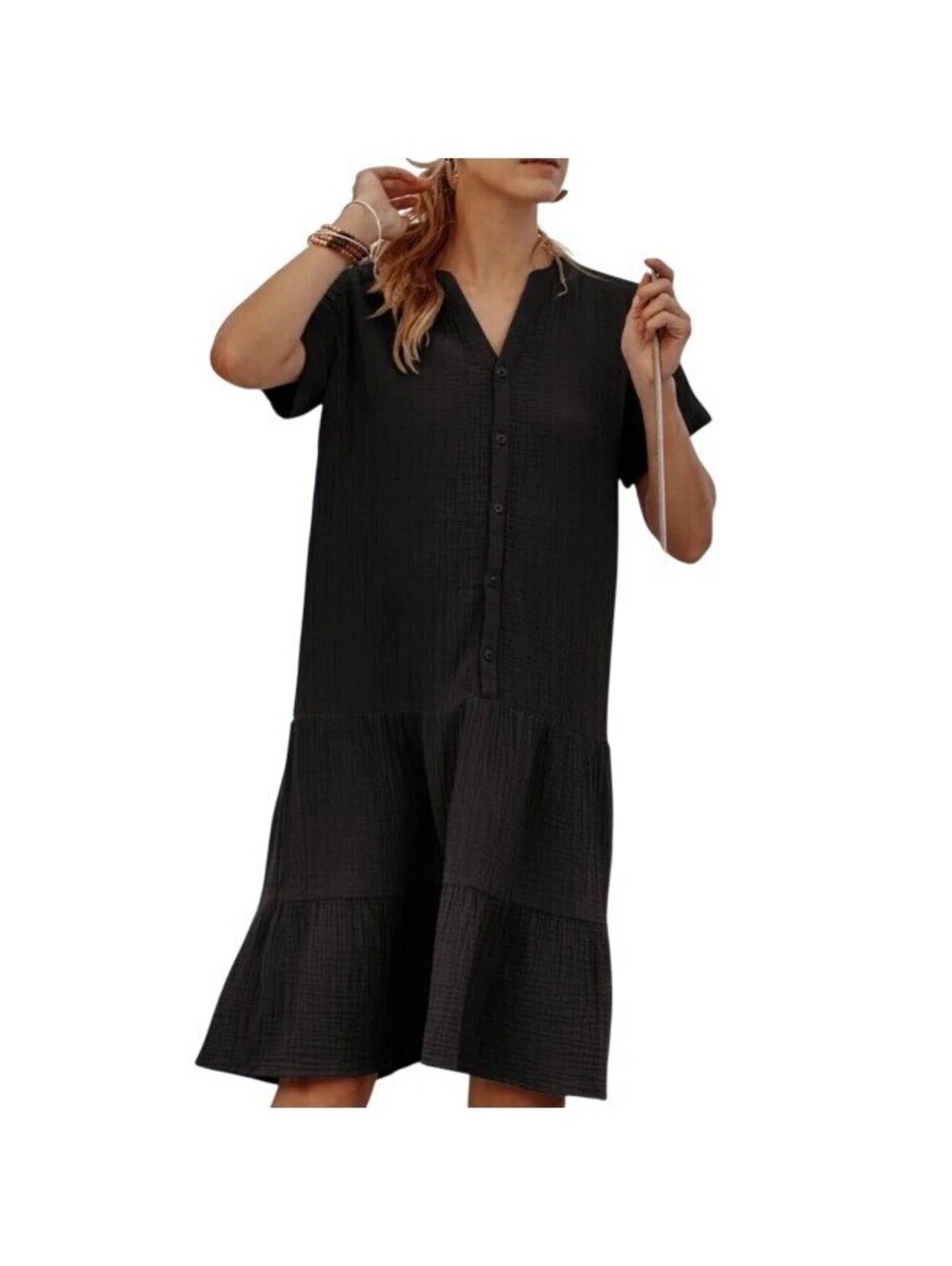 J. Jill Women's Black Cotton Gauze Tiered Short Sleeve Button Front Dress Size L